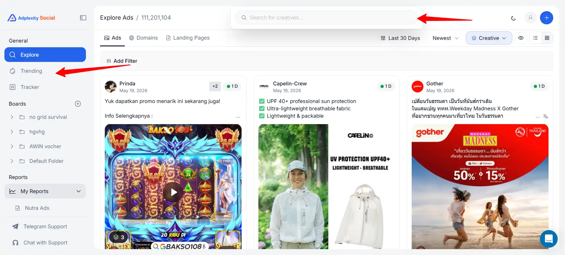 AdPlexity Ad Research By Keywords or Trending Ads