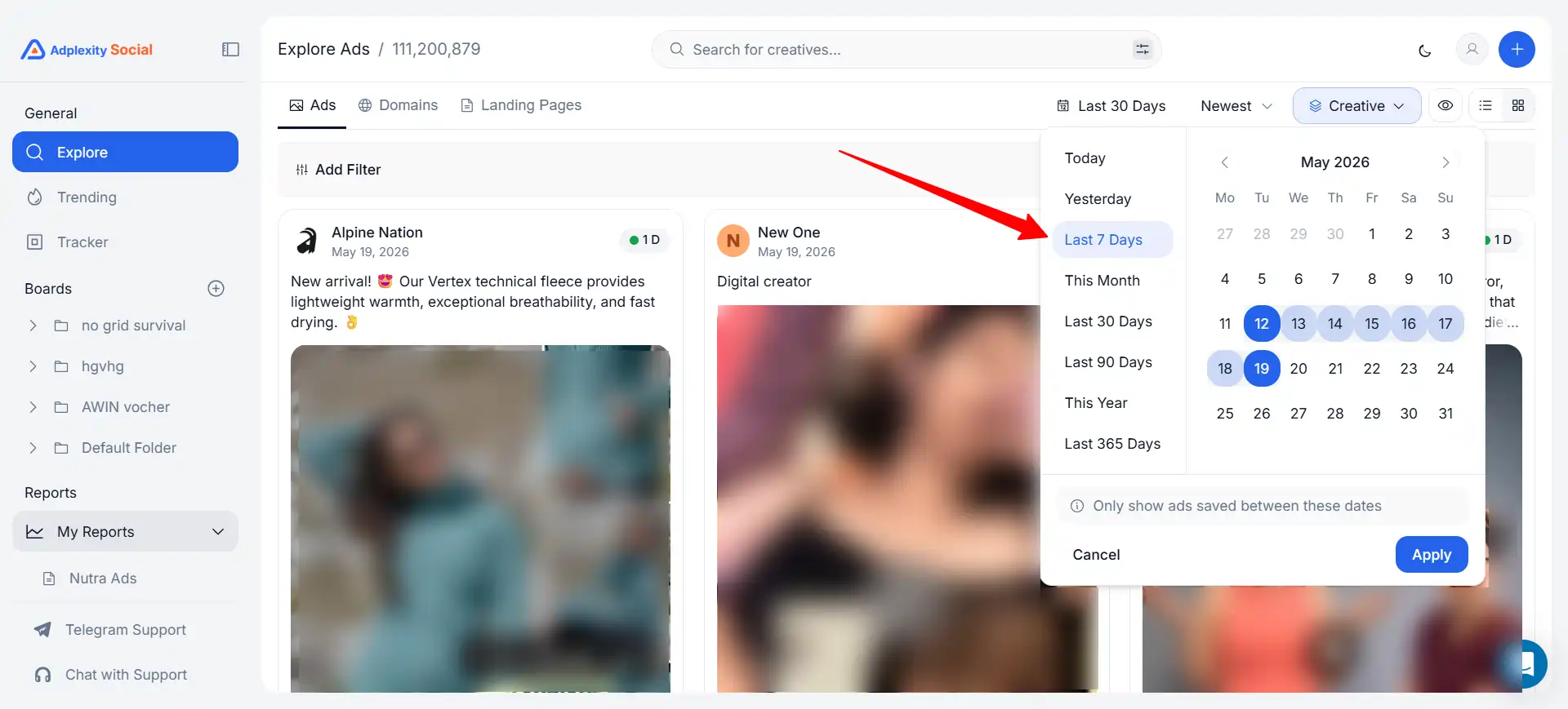 Filtering by Date for Resent AdPlexity Affiliate Ad Campaign Research