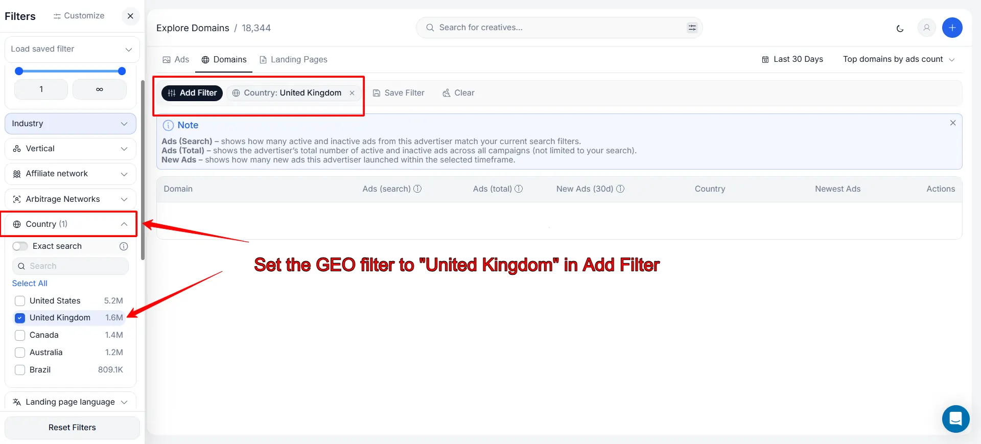 Setting GEO filter to UK for Affiliate Ad Campaign Research