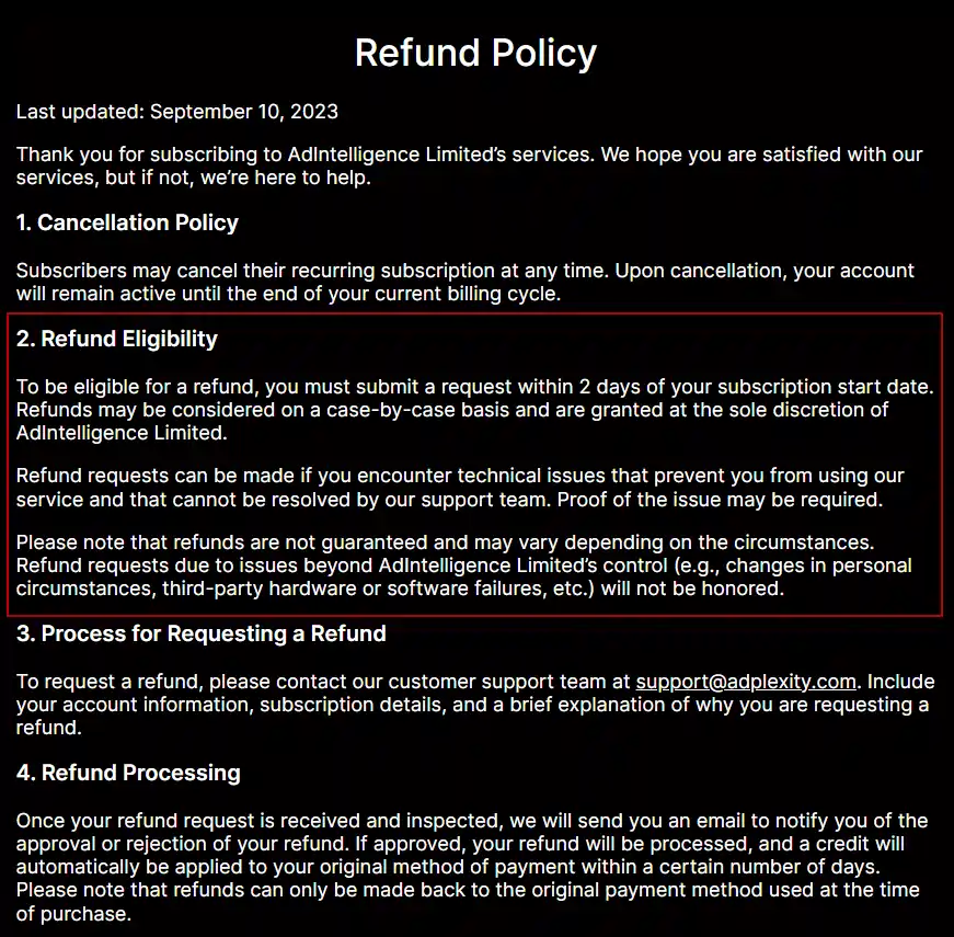 AdPlexity Refund Policy