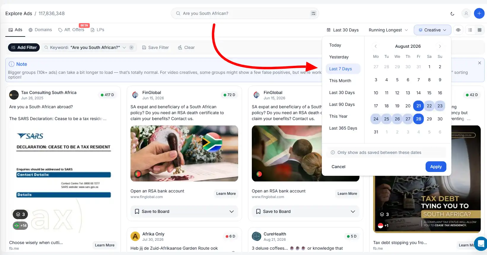 Sort by newest for keyword Search in AdPlexity'